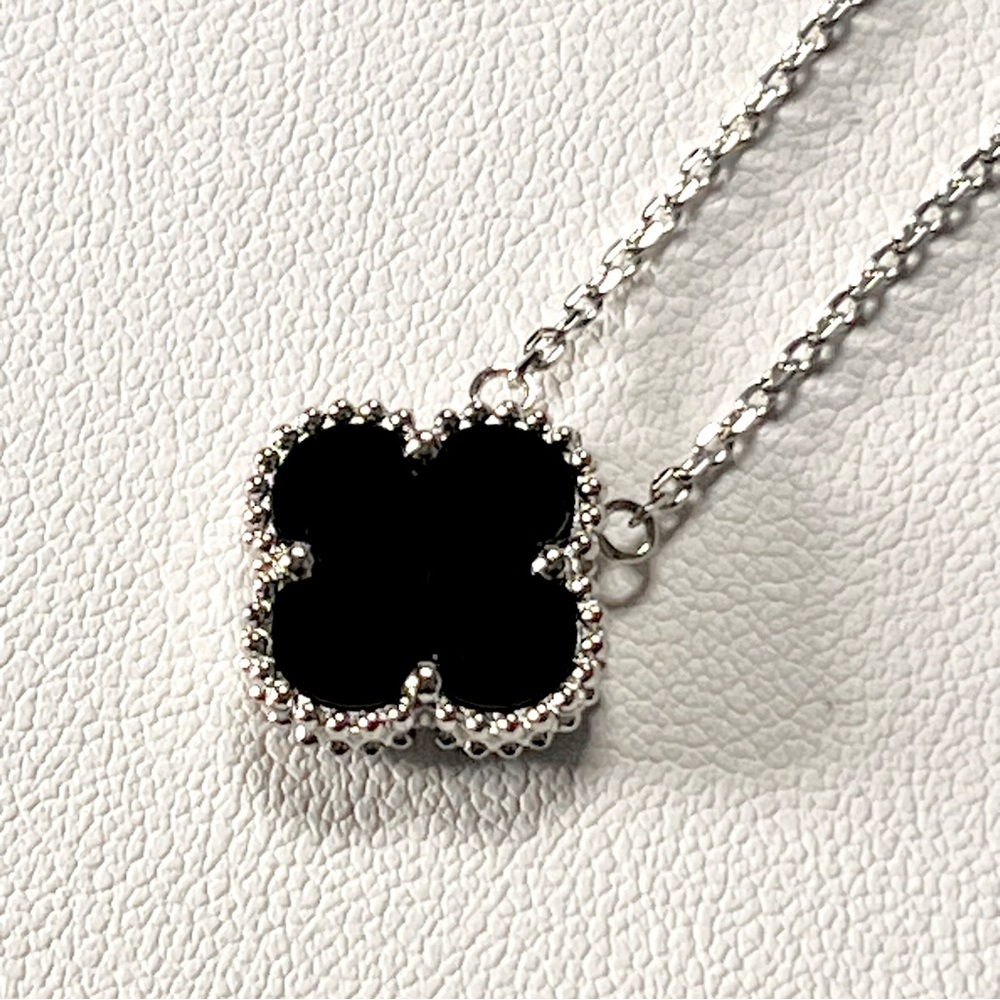 Vintage Style Silver and Onyx Four Leaf Clover Necklace